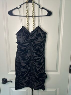 L'ATISTE Black Satin Ruched Mini Dress with Gold Chain Straps